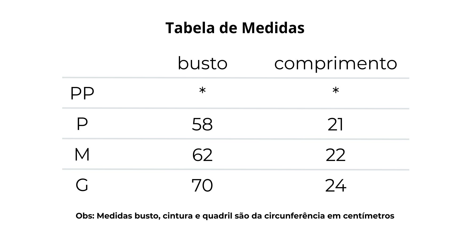 tabela de medidas top preto